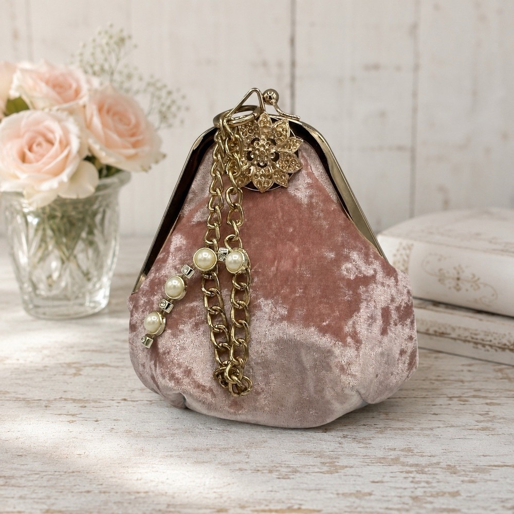 Vintage Style Pink Velvet Evening Bag Purse Chain Strap Wedding Festive Party